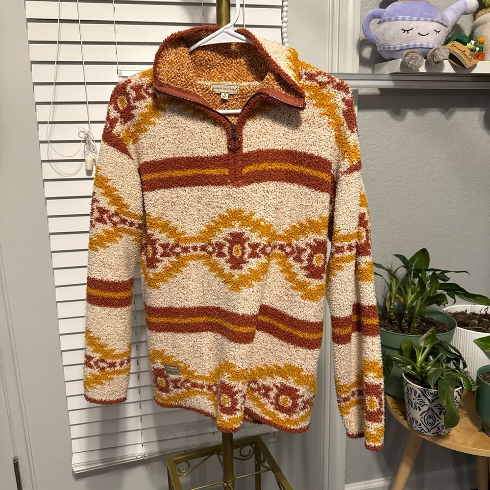 Simply Southern Red and Yellow Patterned Zip-Up Sweater